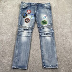 Kilogram Jeans Mens 42 Blue Patchwork Distressed Biker Denim Pants Patches Trend